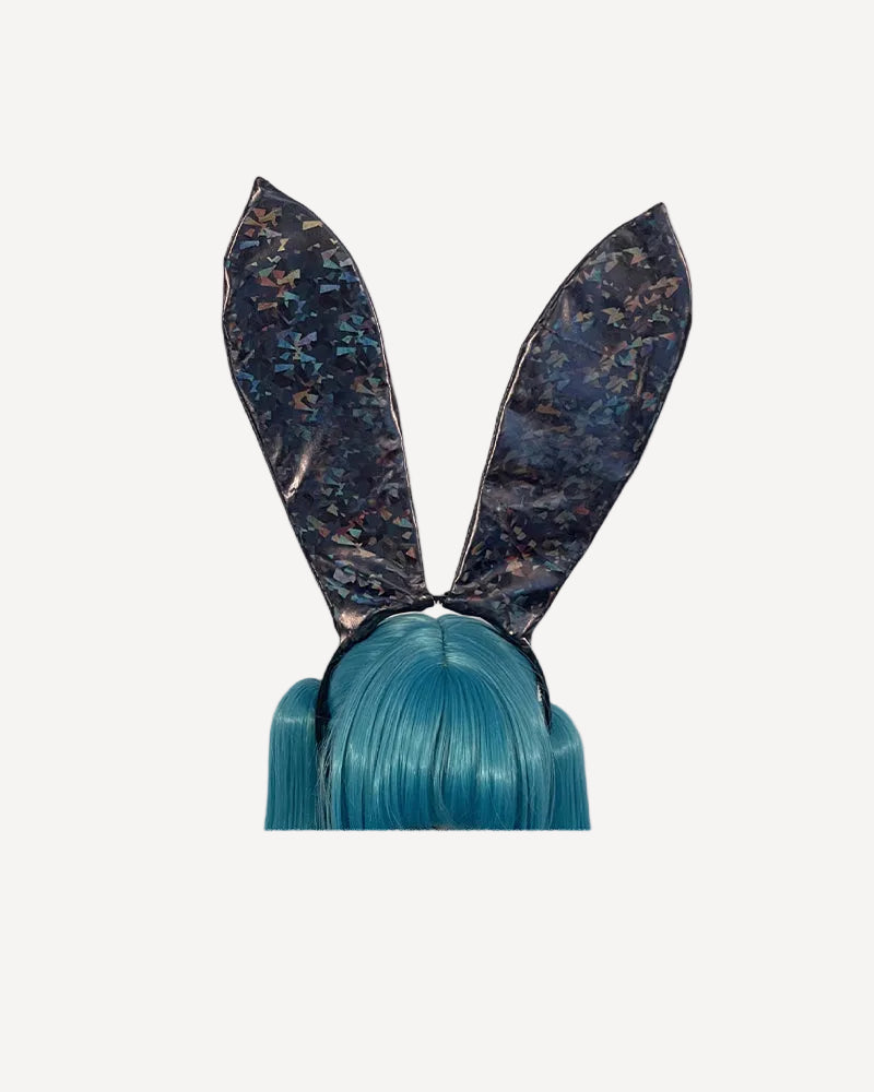 Shattered glass faux leather bunny ears headband with speckled ears and blue hair tuft