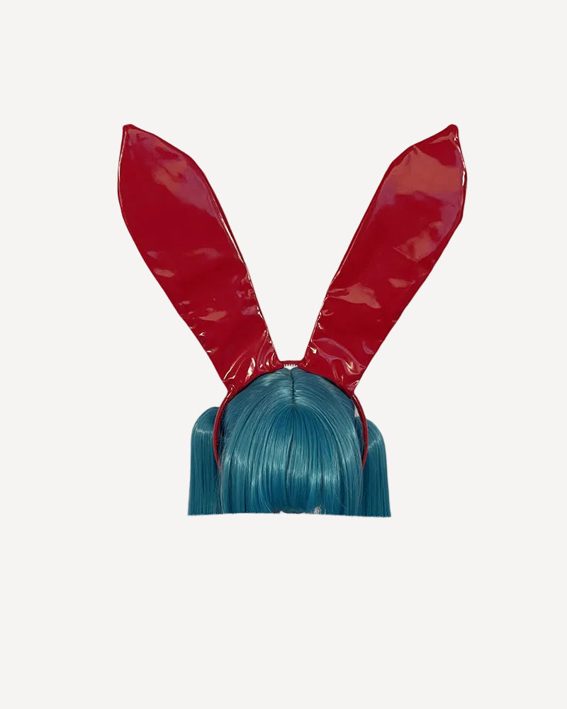 Red faux leather bunny ears headband with glossy pointed ears and blue hair tuft