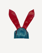 Red faux leather bunny ears headband with glossy pointed ears and blue hair tuft