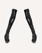 Black faux leather opera-length gloves with glossy finish and long fingered coverage