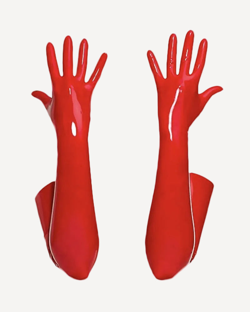 Red faux leather opera-length gloves with glossy palms and long open cuffs
