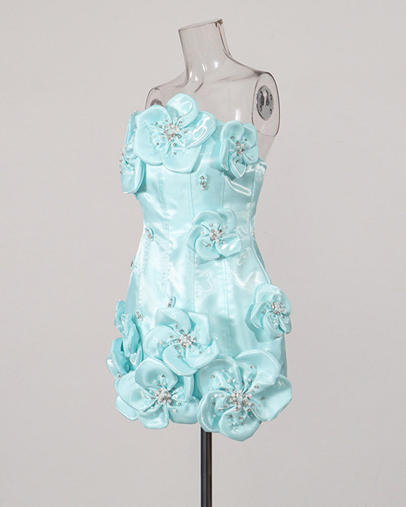 Sky blue strapless corset mini dress front view on mannequin with layered flower details