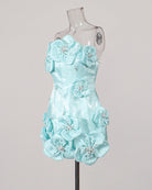Sky blue strapless corset mini dress front view on mannequin with layered flower details
