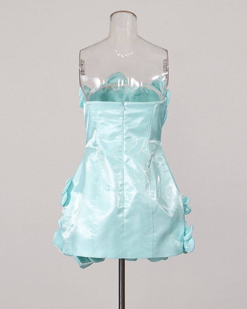 Sky blue strapless corset mini dress back view on mannequin with flower appliques