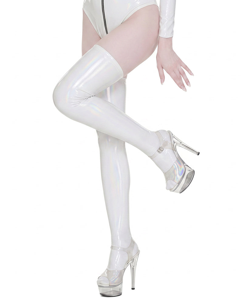White wet-look PU leather thigh-high stockings, close-up showing glossy sheen