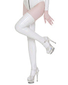 White wet-look PU leather thigh-high stockings, close-up showing glossy sheen