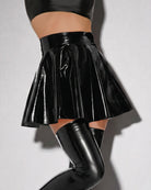 Black wet-look pleated mini skirt with glossy flare hem