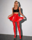 Red wet-look pleated mini skirt with flared pleats and high-gloss finish