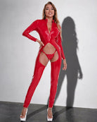 Glossy red open-crotch catsuit with long sleeves and g-string, front