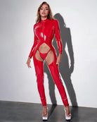 Glossy red open-crotch catsuit with long sleeves and g-string, full body