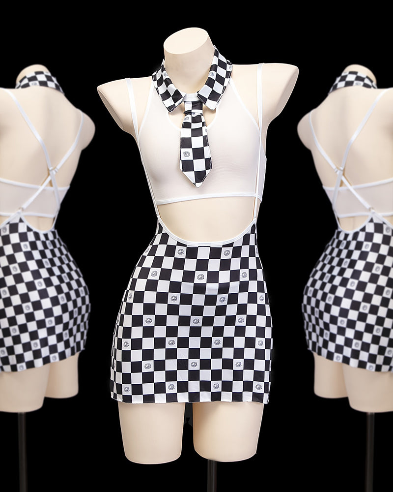 Black-and-white checkered mini skirt and halter top set on mannequins