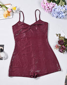 Burgundy croc-embossed faux leather V-neck spaghetti strap romper bodysuit, flat lay