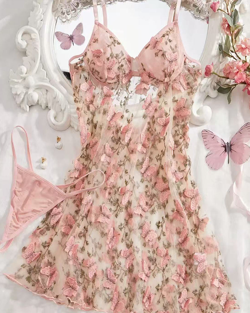 Pink sheer chemise and matching panty set with butterfly embroidery and lace-trim straps