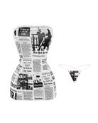Newspaper print sheer mesh thong with V-cut front