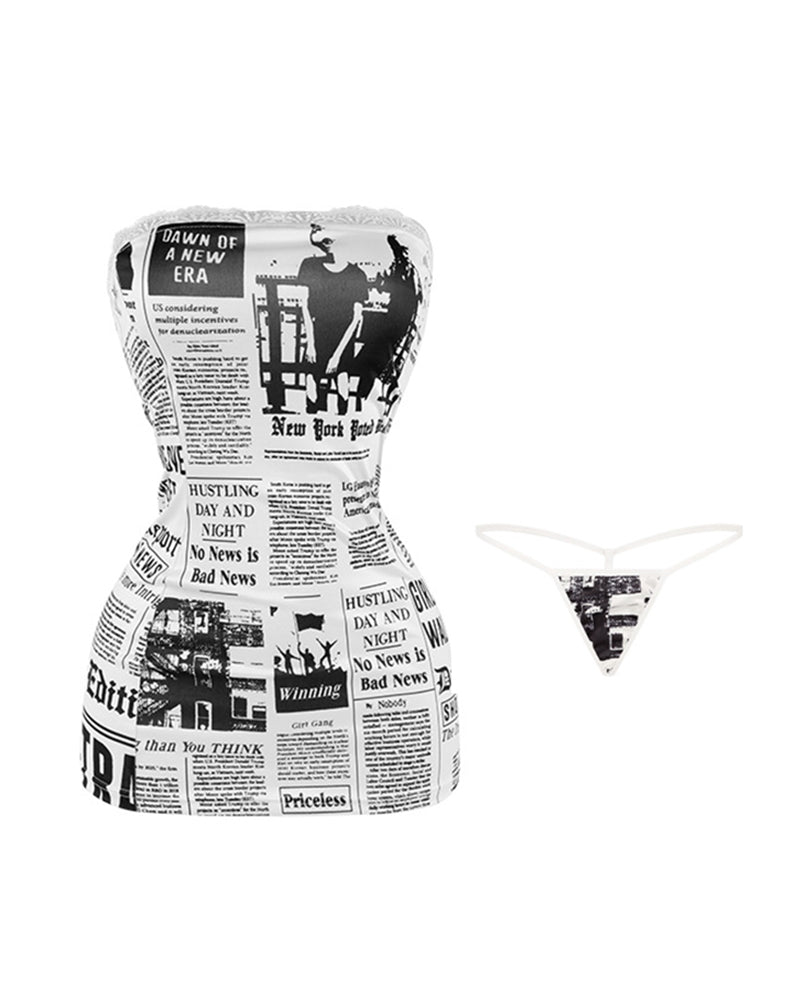 Newspaper print sheer mesh thong with V-cut front
