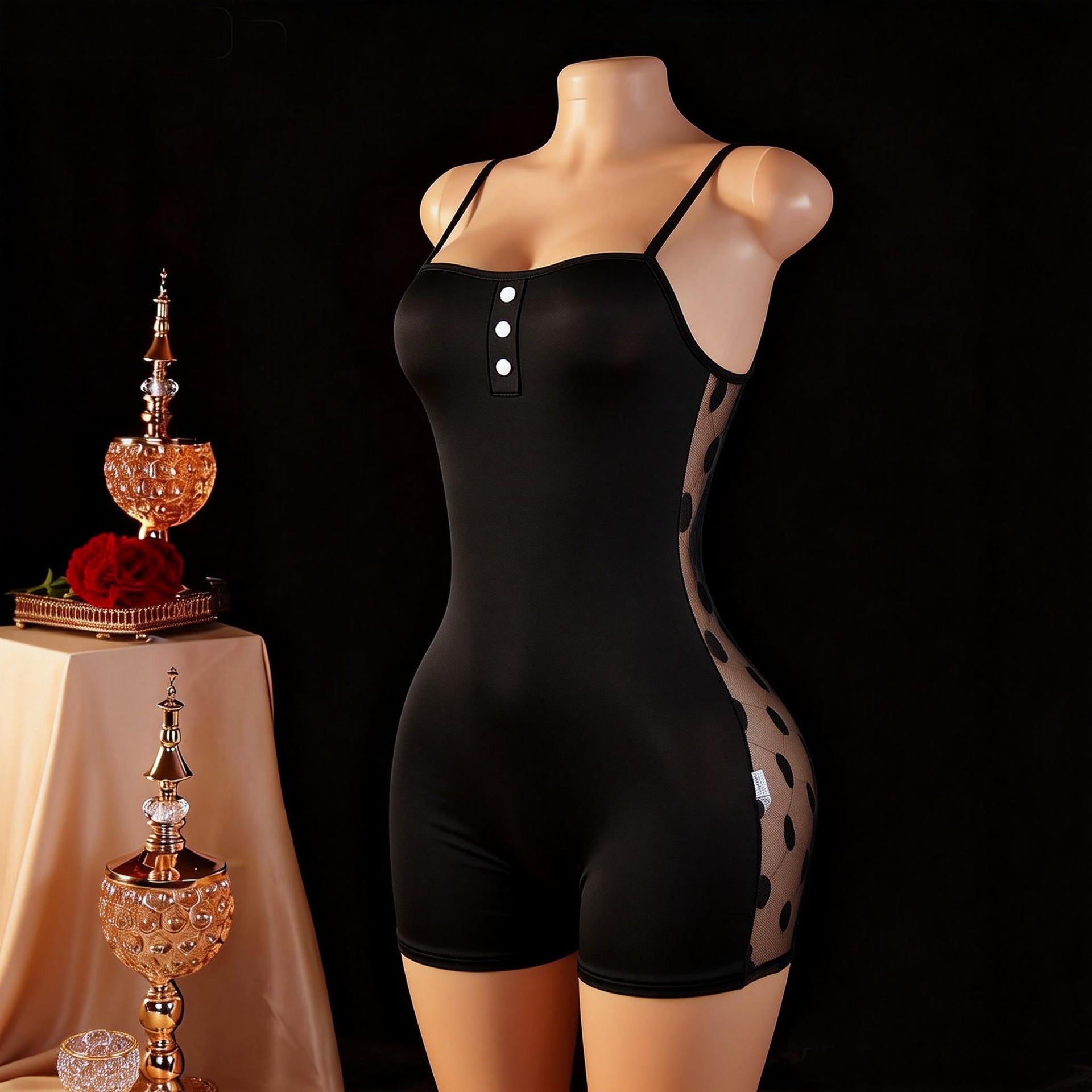 Black romper on mannequin with heart mesh side panel, snap front, and thin straps