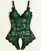 Black and green floral lace crotchless teddy with v-neck and bow-strap details