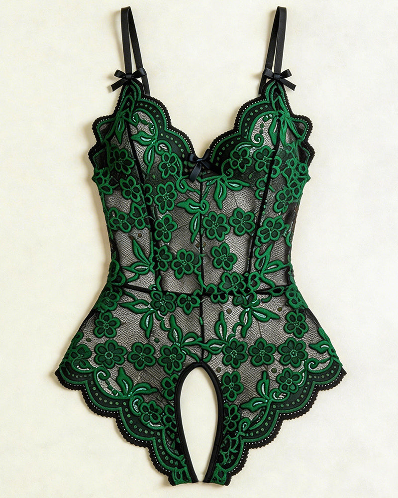 Black and green floral lace crotchless teddy with v-neck and bow-strap details
