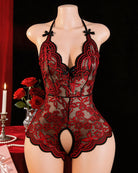 Red floral lace crotchless teddy with V-neck and bow straps on a mannequin.