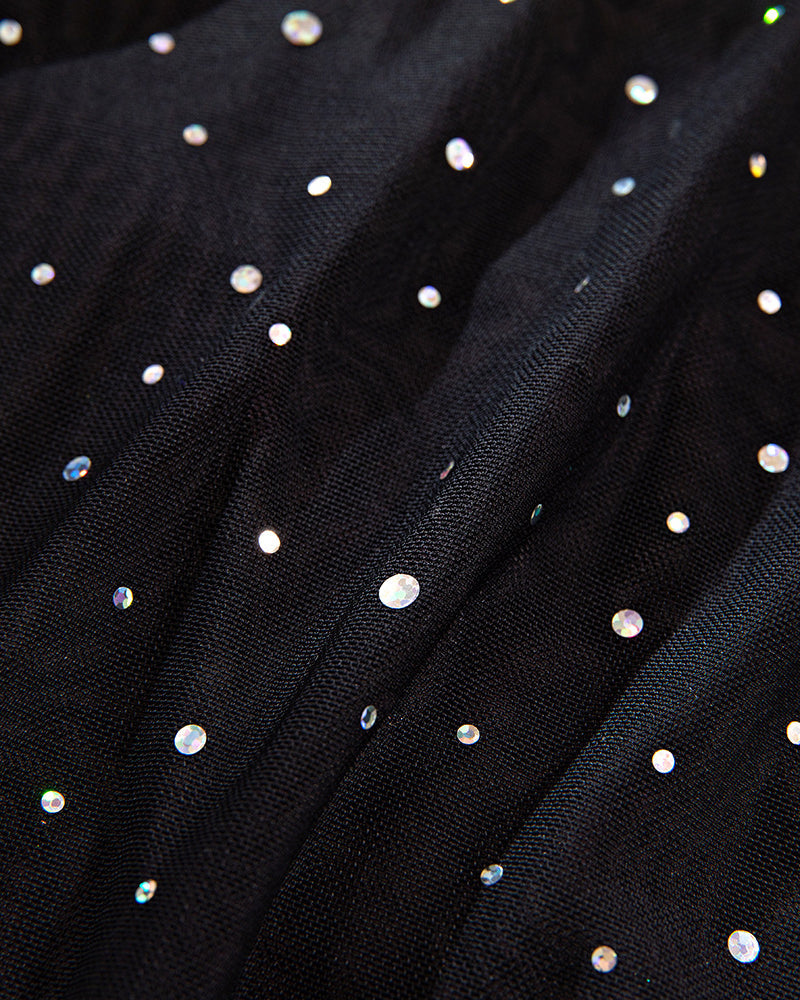 Black rhinestone mesh mini dress fabric with scattered silver stones
