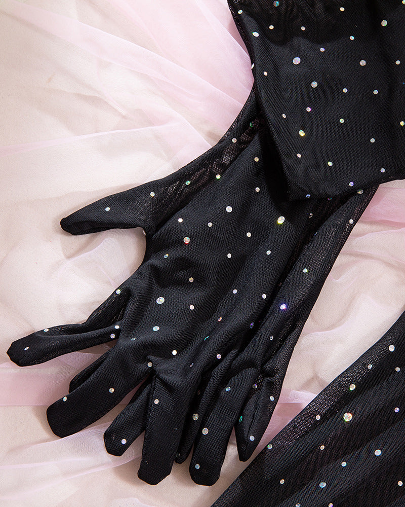 Black mesh rhinestone mini dress with long glove sleeves
