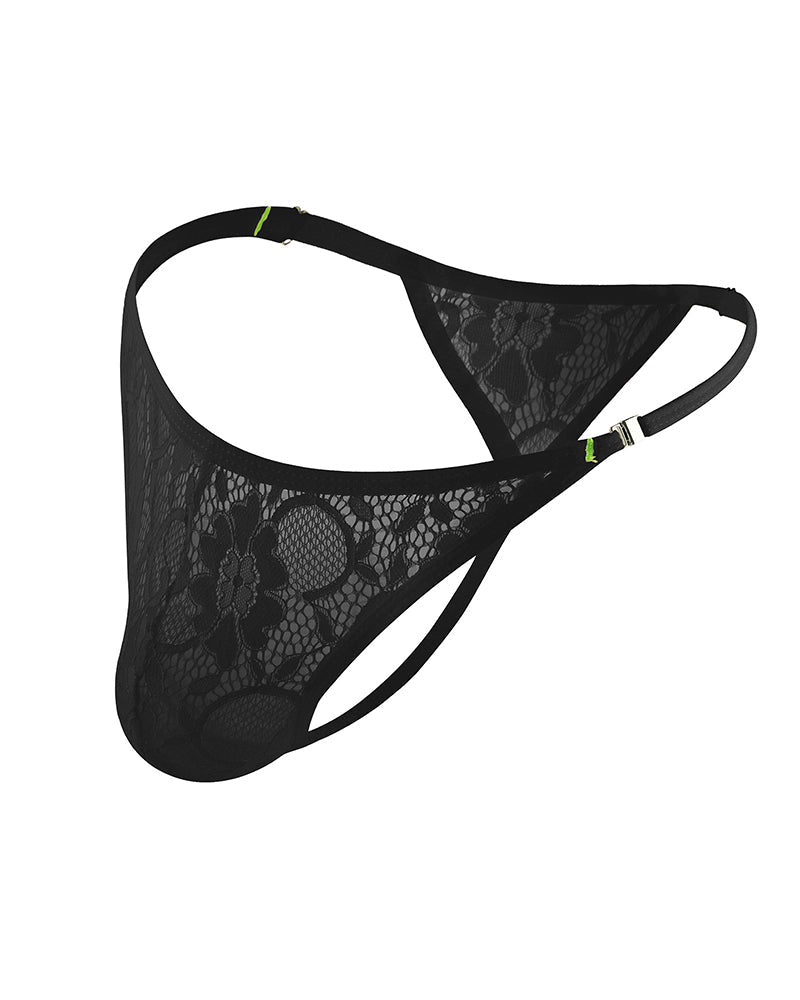 Men's lace floral g-string thong briefs, sheer black lace triangle front.