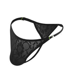 Men's lace floral g-string thong briefs, sheer black lace triangle front.