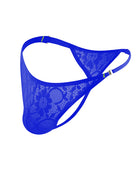 Men's lace floral g-string thong briefs, sheer blue lace triangle front.