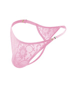 Men's lace floral g-string thong briefs, sheer pink lace with floral pattern.