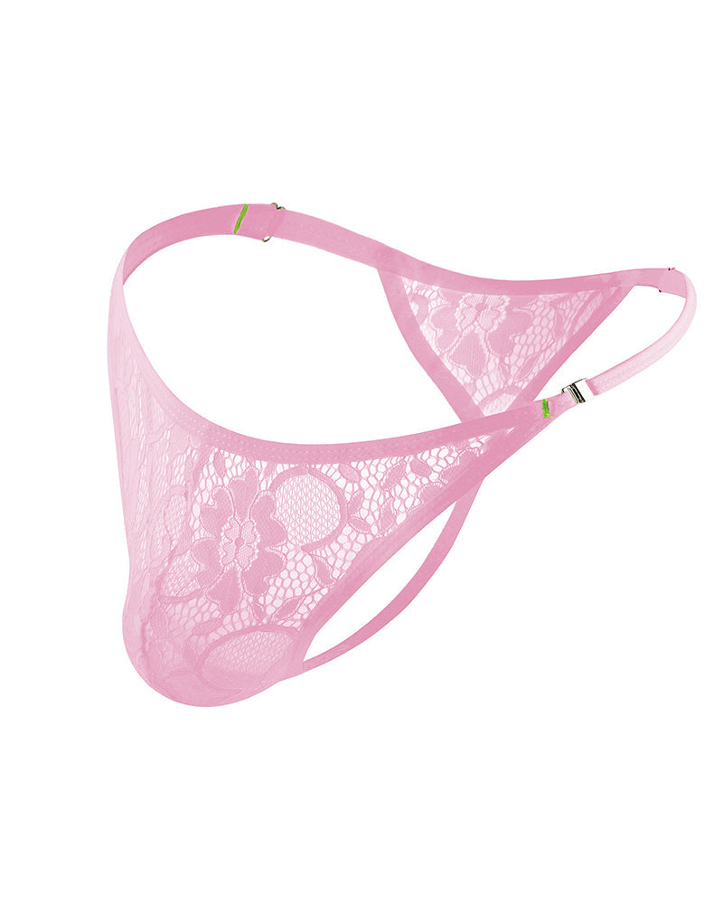 Men's lace floral g-string thong briefs, sheer pink lace with floral pattern.