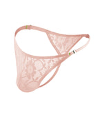 Men's lace floral g-string thong briefs, sheer pink lace with triangle front.