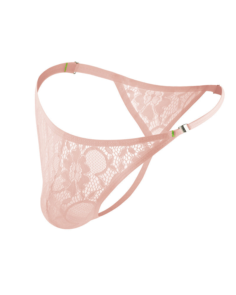 Men's lace floral g-string thong briefs, sheer pink lace with triangle front.