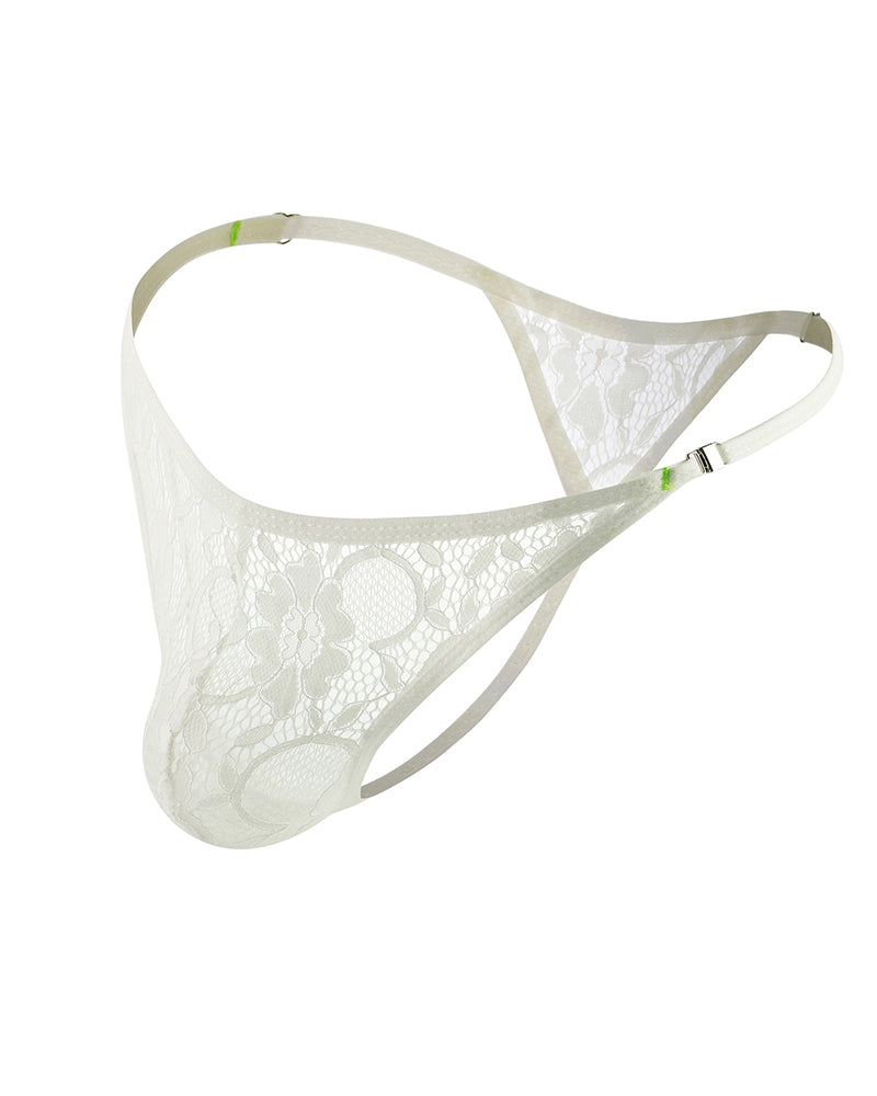 Men's lace floral g-string thong briefs, sheer white lace triangle front.