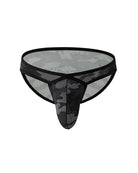 Men's low-rise mesh camo briefs in black with U-front panel