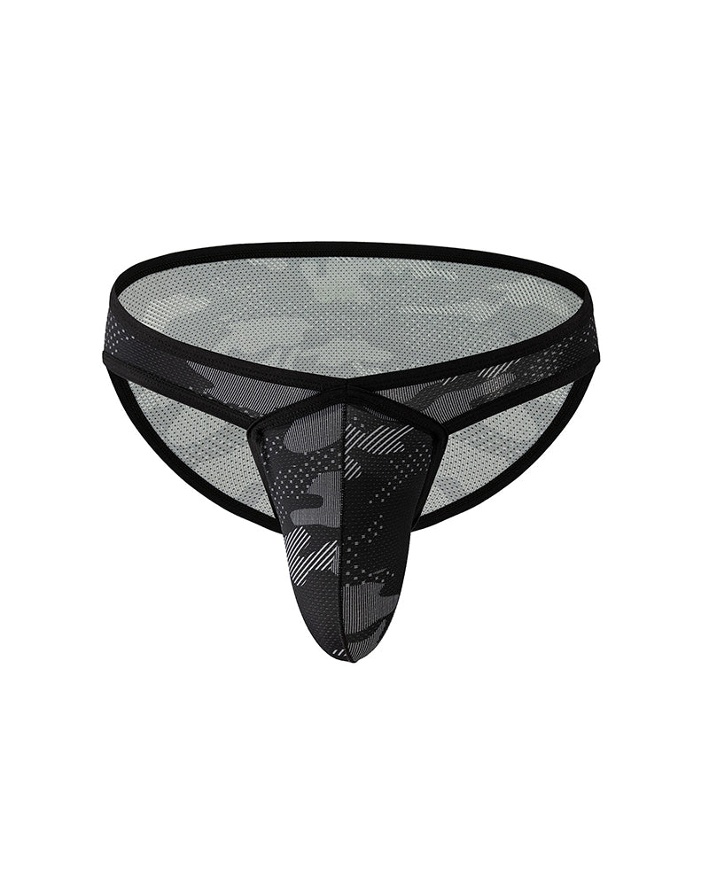 Men's low-rise mesh camo briefs in black with U-front panel