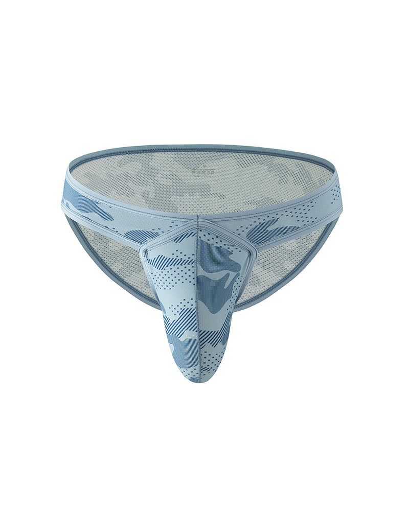 Men's low-rise mesh camo briefs in blue with U-front panel