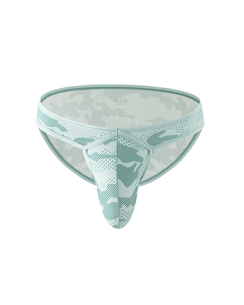Men's low-rise mesh camo briefs in light green with U-front panel