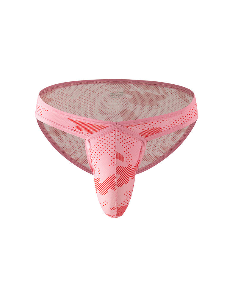 Men's low-rise mesh camo briefs in pink with U-front panel