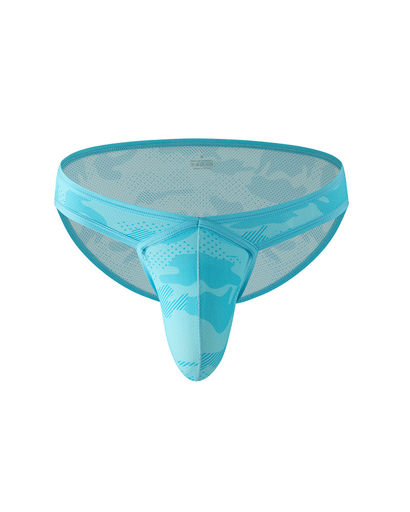 Men's low-rise mesh camo briefs in sky blue with U-front panel