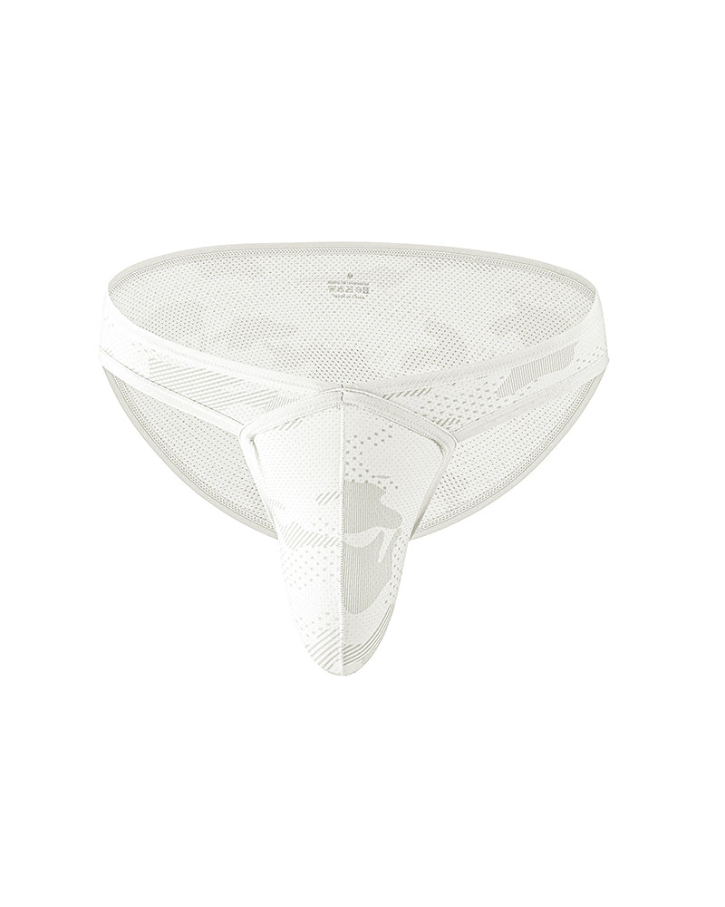 Men's low-rise mesh camo briefs in white with U-front panel