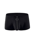 Black men’s zip-front open-crotch boxer shorts with front zipper pull and ring tab