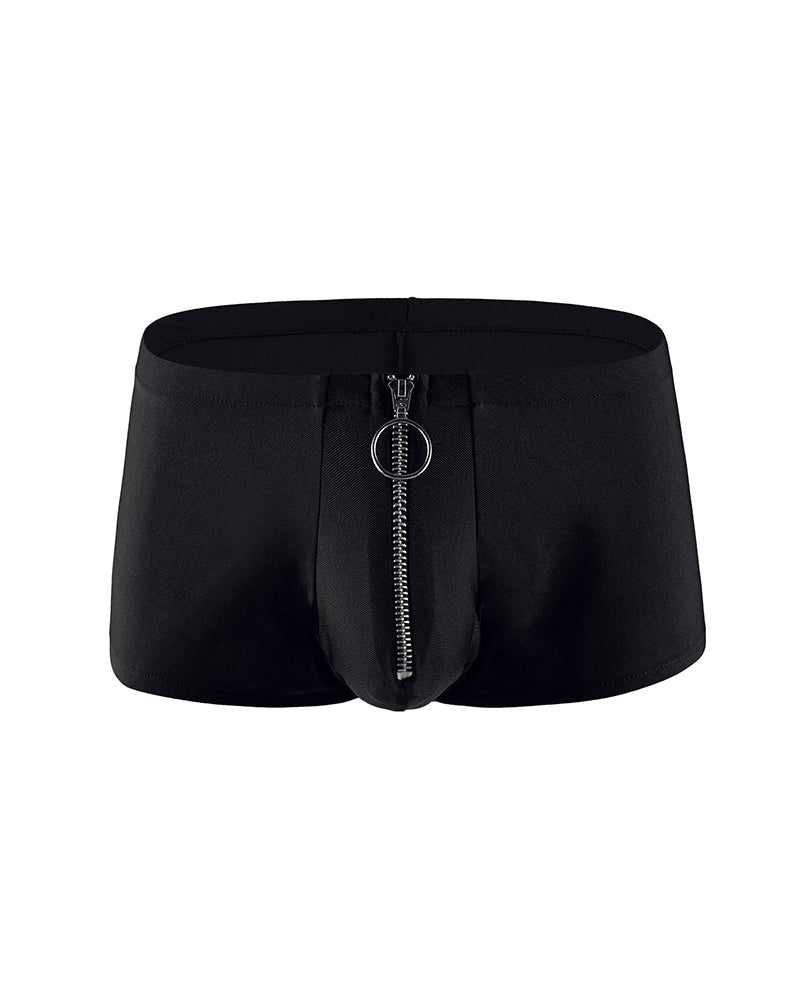 Black men’s zip-front open-crotch boxer shorts with front zipper pull and ring tab