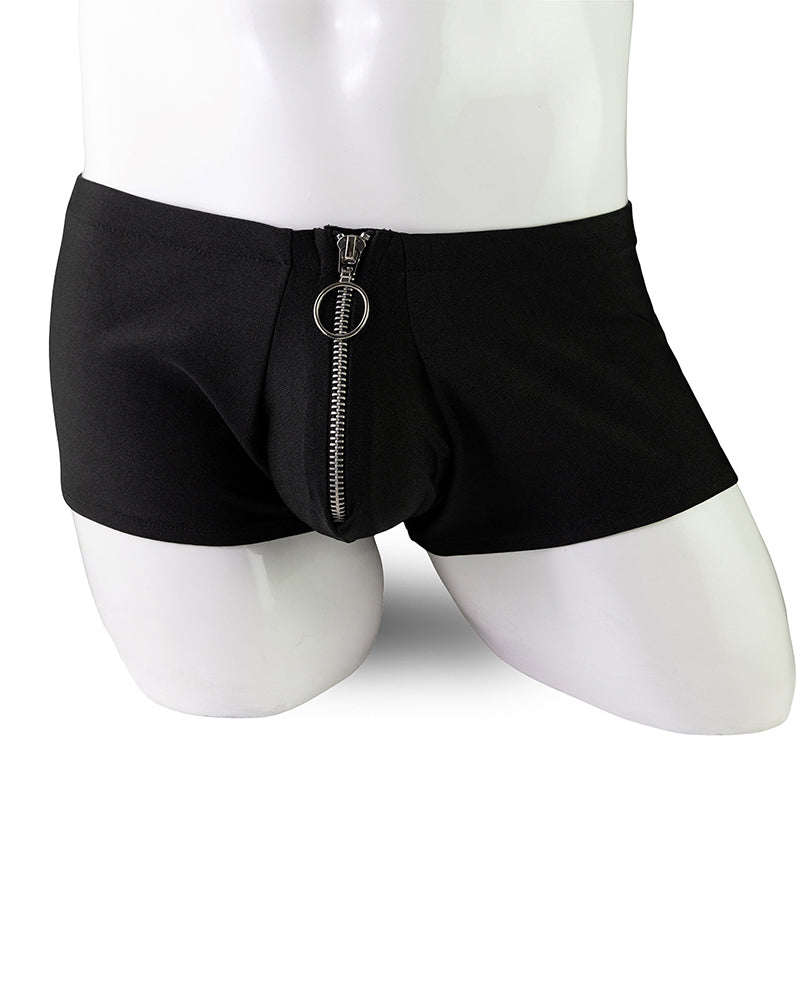 Black men’s zip-front open-crotch boxer shorts on a mannequin, front zipper detail