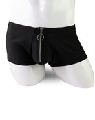 Black men’s zip-front open-crotch boxer shorts on a mannequin, front zipper detail