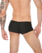 Black men’s zip-front open-crotch boxer shorts, side view with front zipper seam