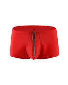 Red men’s zip-front open-crotch boxer shorts with front zipper and ring pull