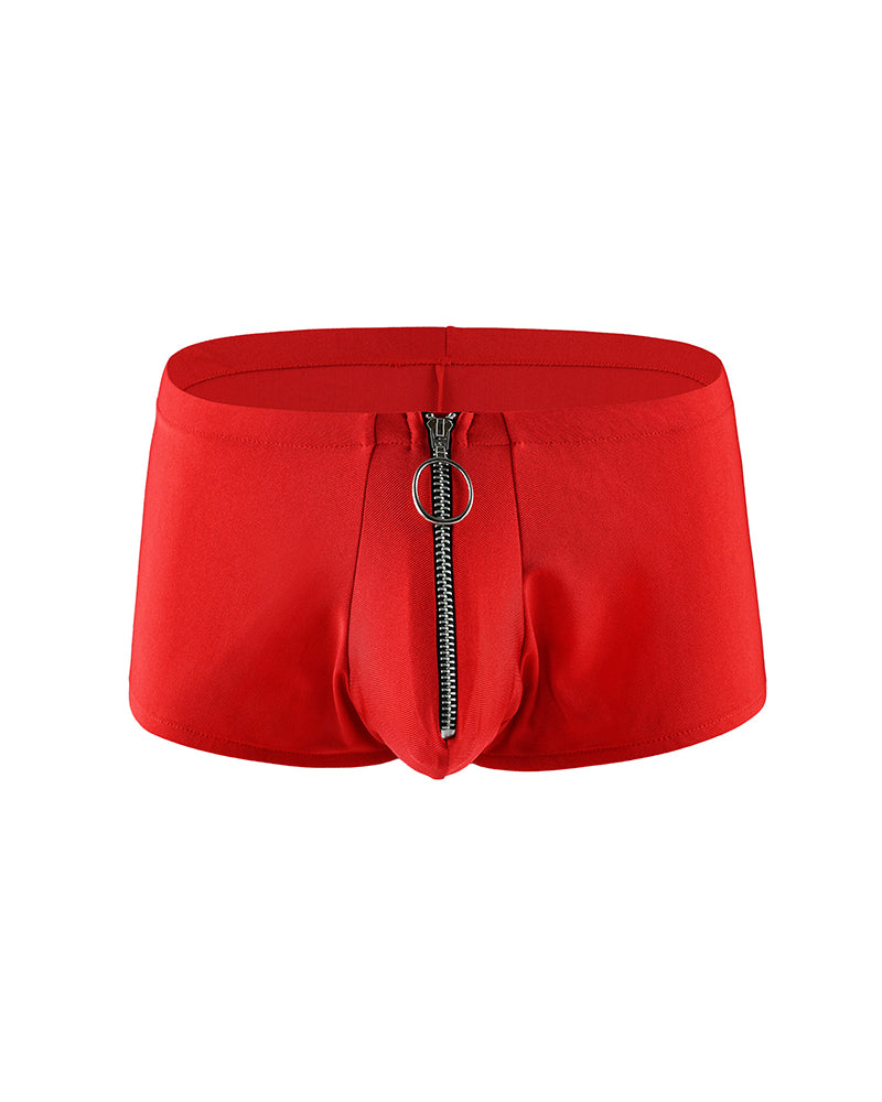 Red men’s zip-front open-crotch boxer shorts with front zipper and ring pull