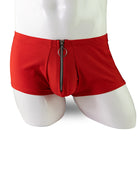 Red men’s zip-front open-crotch boxer shorts on a mannequin, front zipper detail