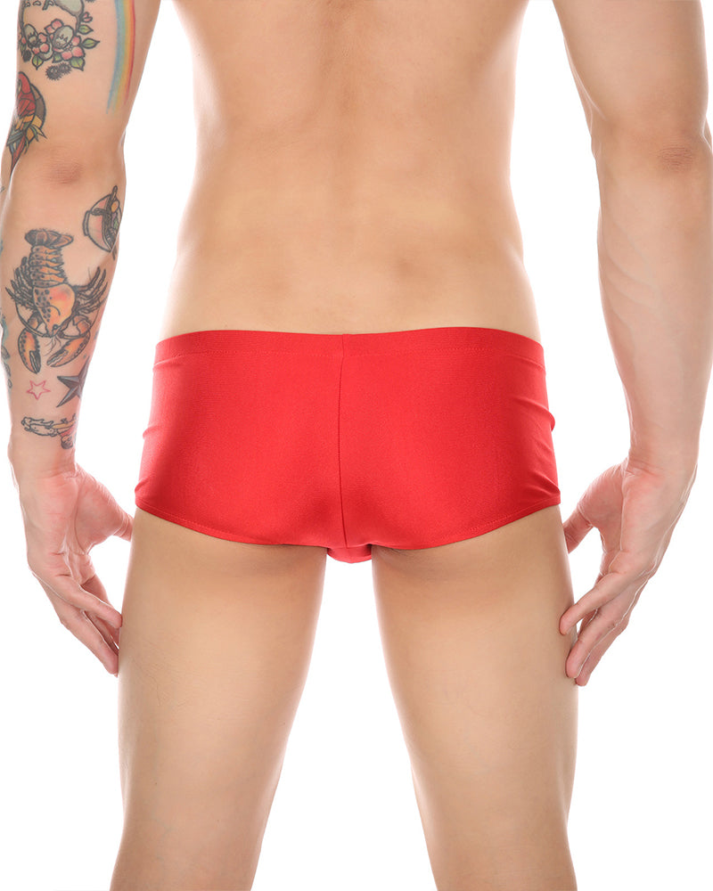 Red men’s zip-front open-crotch boxer shorts, backless brief style with front zipper