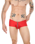 Red men’s zip-front open-crotch boxer shorts with front zipper and ring pull, front view